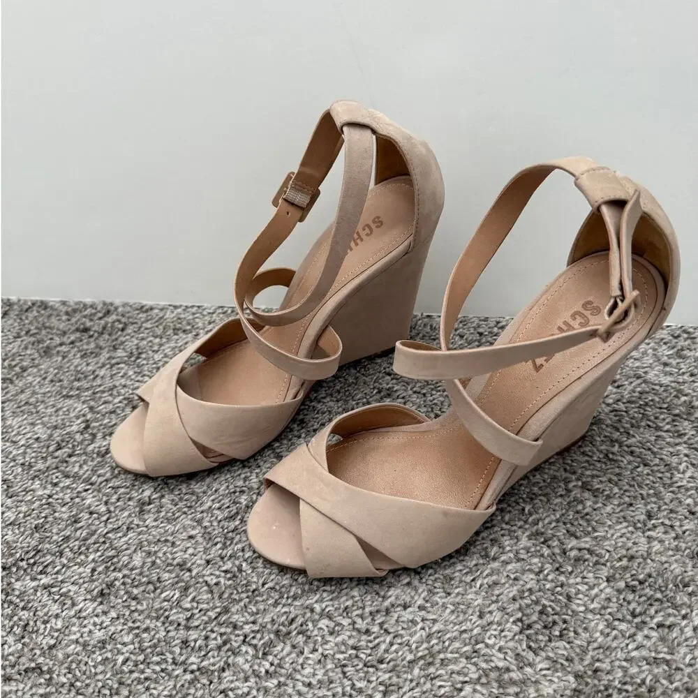 Schutz Wedge Strappy Sandals Beige Nubuck Size 8